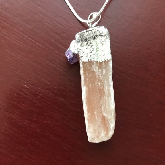 Genuine Peach Selenite with Amethyst Necklace - Picture 4 of 4